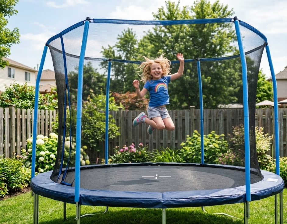 Kind springt op een ronde trampoline in de tuin