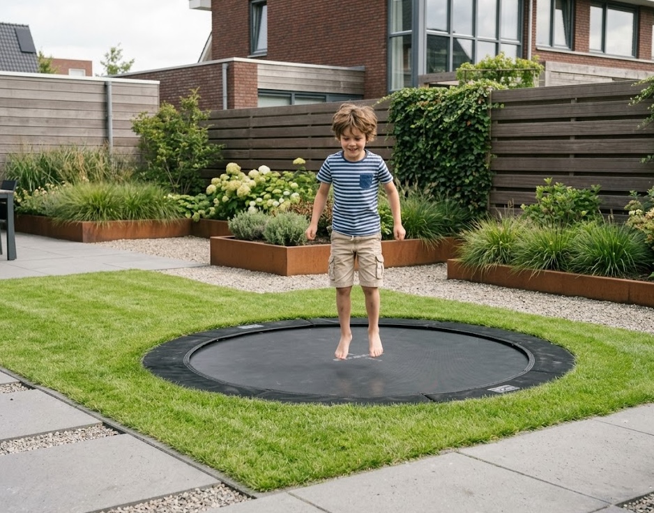 Inground trampoline verzonken in een gazon
