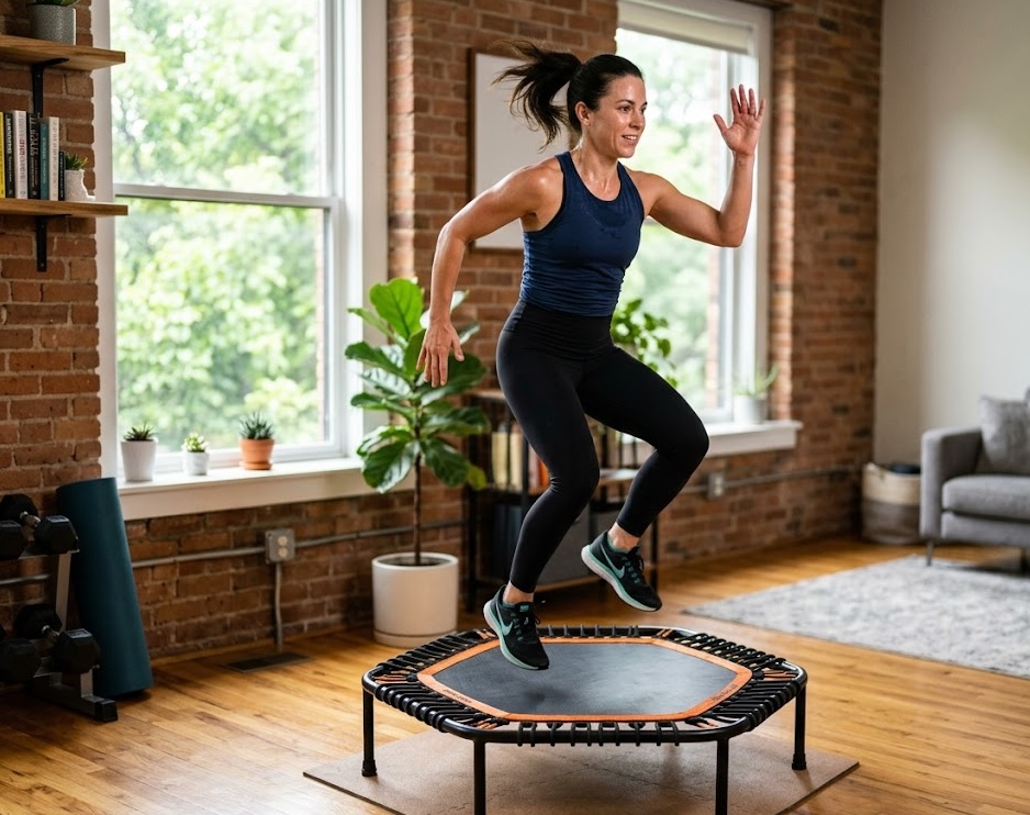 Vrouw traint op een fitness trampoline binnenshuis