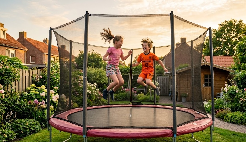 Kinderen springen op een trampoline in de tuin